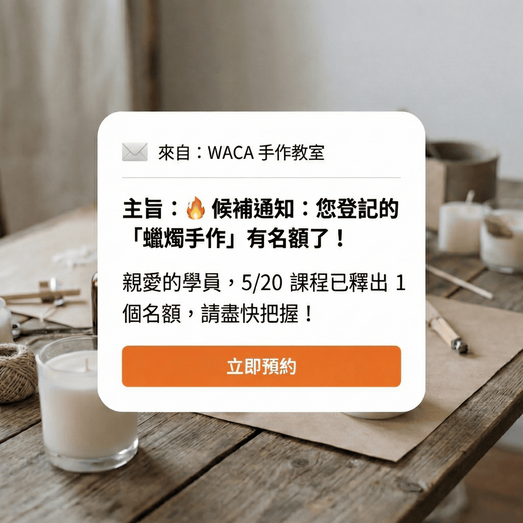 有人取消預約，系統自動發送 Email 通知有空位了，有效喚回等候中的客人。