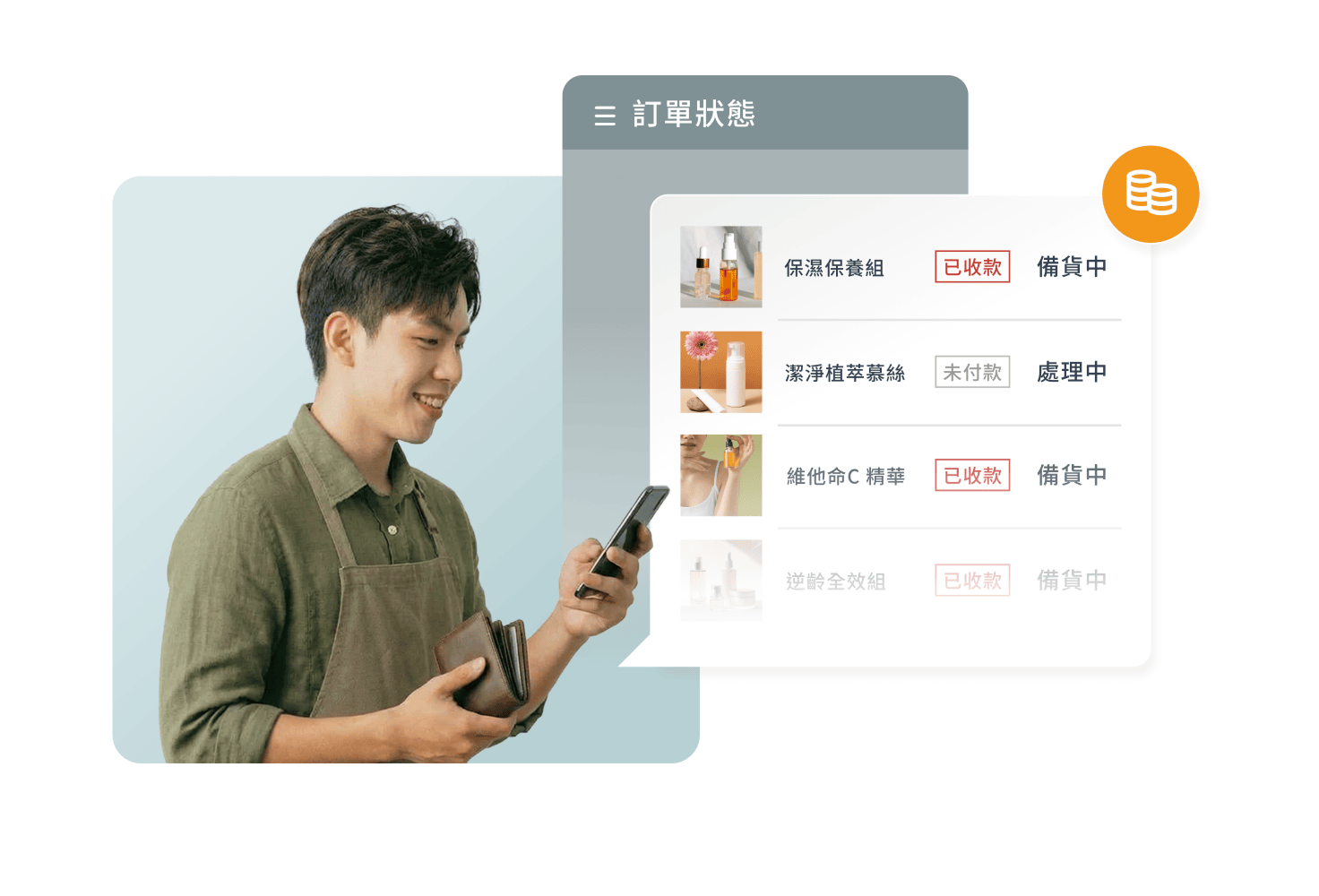 支援刷卡與虛擬ATM支付，已收款、未付款、處理中，訂單狀態自動更新一目瞭然